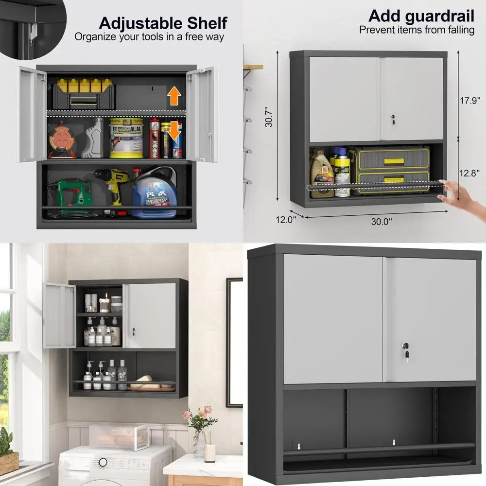 

31 Metal Garage Storage Cabinet with Doors and Shelves, Lockable, Wall Mountable, Utility Room, Black & Grey