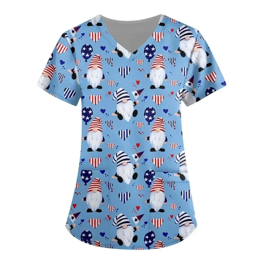 New Christmas Women Nursing Scrubs V-neck Pocket T-shirt Scrubs Uniforms Clothing Plus Size Tops Short Sleeve Santa Claus Tops