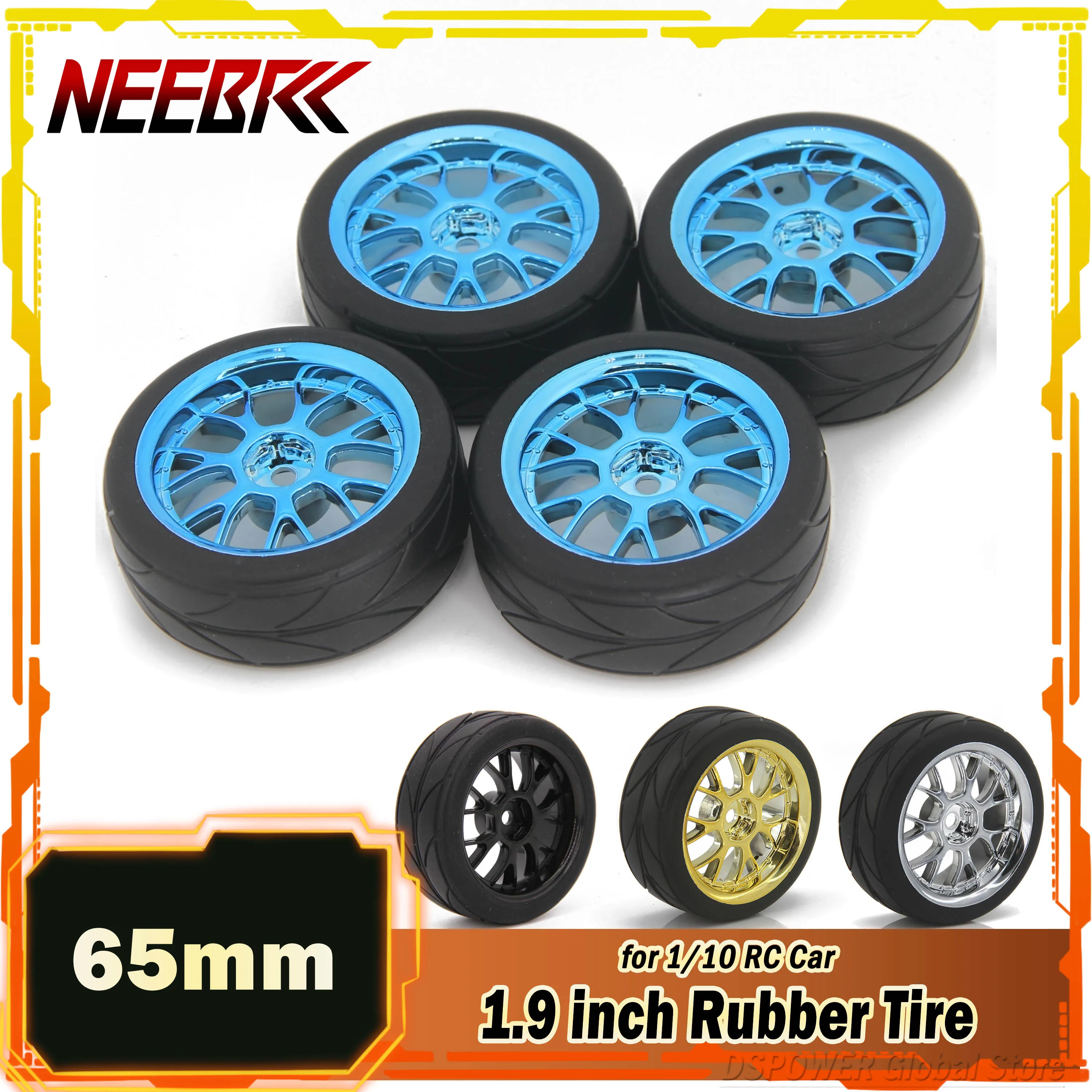 

4PCS NEEBRC 65mm 1.9in Rubber Tyre Tire Hard Plastic Wheel Rim Hub Hex for 1/10 RC On Road Racing Car HSP 144001 94123 94122 CS