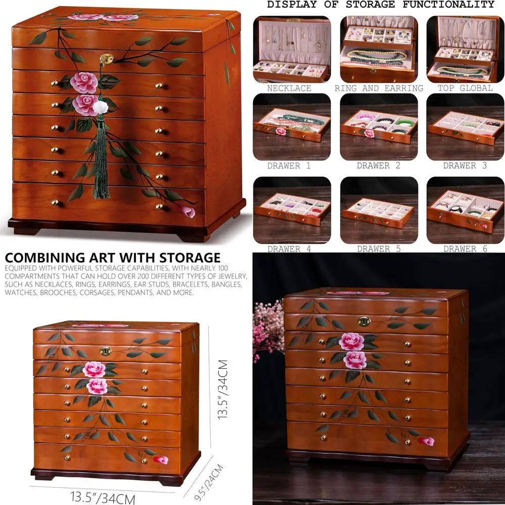 

Large Wooden Jewelry Boxes for Women, 9-Layer Storage Solutions, and Organizers