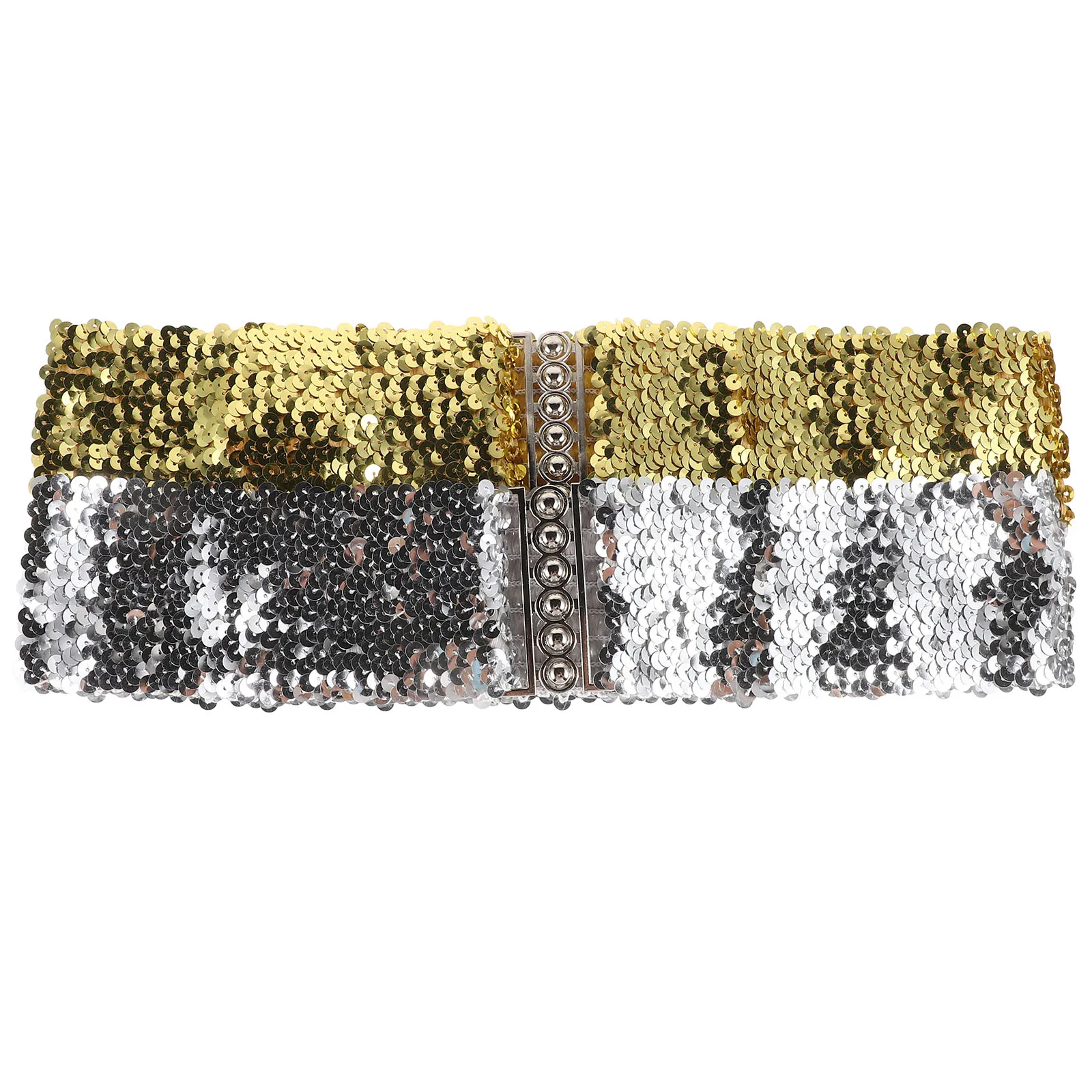 

2pcs Glitter Sequin Belts Stretchy Sparkly Cinch Waist Belt Elastic Wide Shiny Disco Golden Silver Stretchy Belt Costume Party