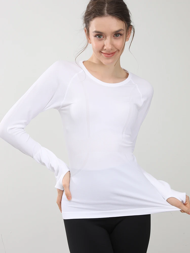 Nahtloses Yoga-T-Shirt für Damen, Sport-Top mit Rundhalsausschnitt, schmal geschnitten, langärmelig, für Laufen, Fitness, Workout, Gym – Detail 11