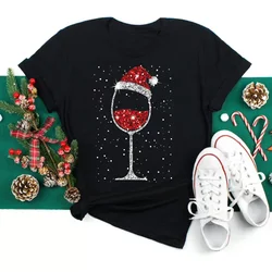 Women Wine Glass Christmas Hats Black T Shirt Christmas Xmas Gifts Cartoon Top Tshirt Harajuku Fashion New Year T-shirt