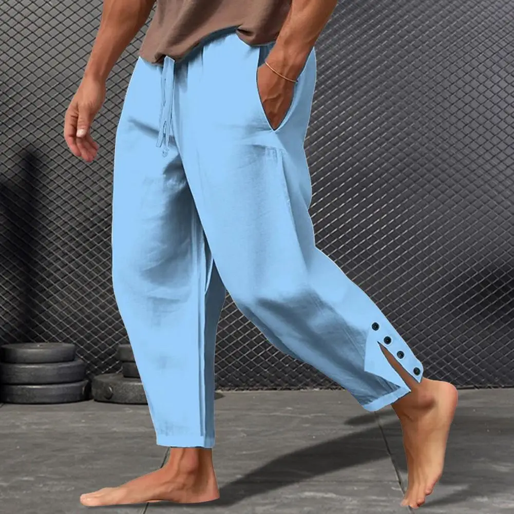 

Cotton Linen Blend Trousers for Men Quick-drying Men's Sweatpants with Side Pockets Drawstring Waist for Gym Training Beach