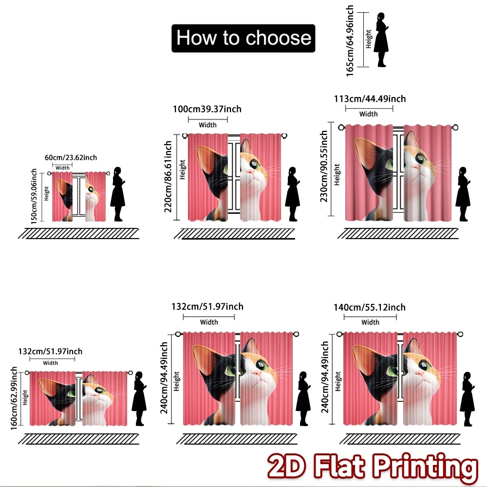 2D flat printing 2pcs Party Curtains Calico Cat Cute Animal Digital Printed Polyester Drapes Party Decorations for Indoor 3