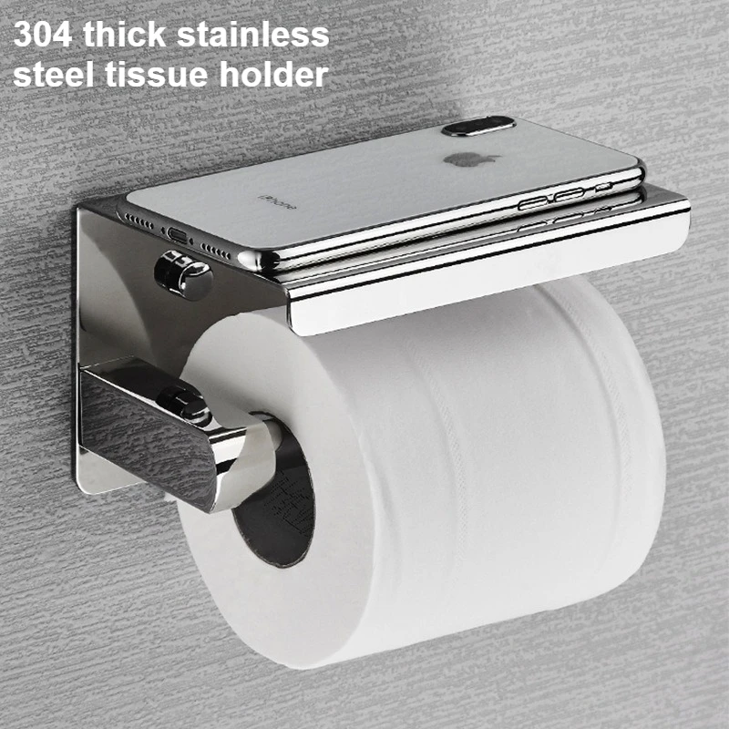 Punch Installation/No Punch Wall Mounted Roll Paper Rack 304 Stainless Steel Paper Toilet Mobile Phone Rack Shelf