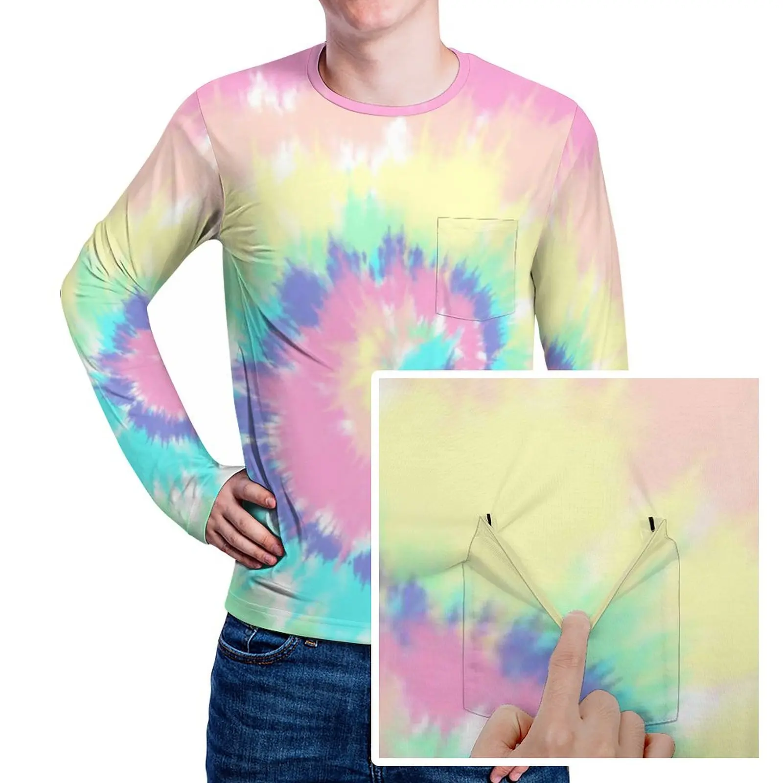 Colorful Rainbow Print T-Shirt Man Modern Tie Dye Y2K T Shirts Spring Cool Tee Shirt Long Sleeve Printed Big Size Tops