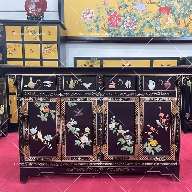 New Chinese Style Solid Wood Entrance Cabinet Four Door Storage Console Table Bone Inlay Decorative Wine Cabinet Edge Cabinet