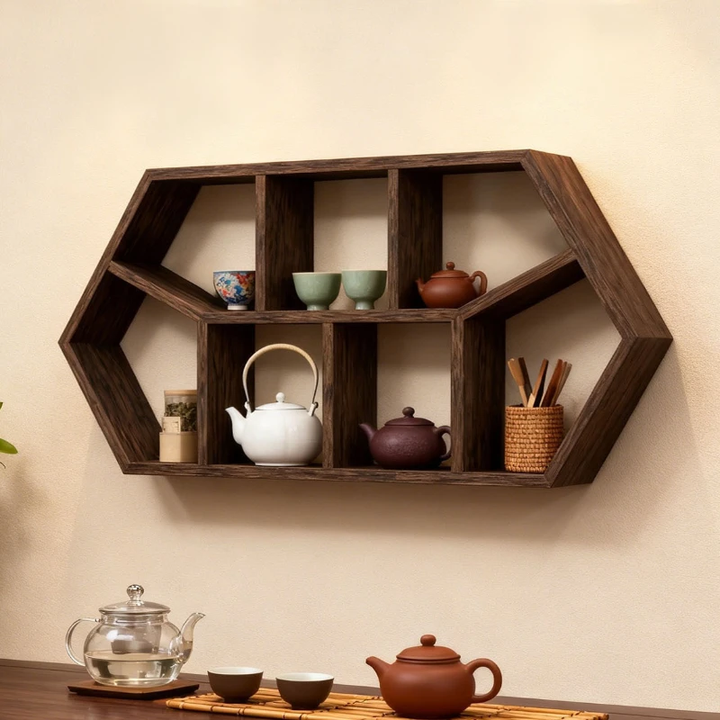 Solid Wood Storage Holders Chinese Style Wall Mount Display Frame Modern Multi Compartment Racks Practical Home Organization