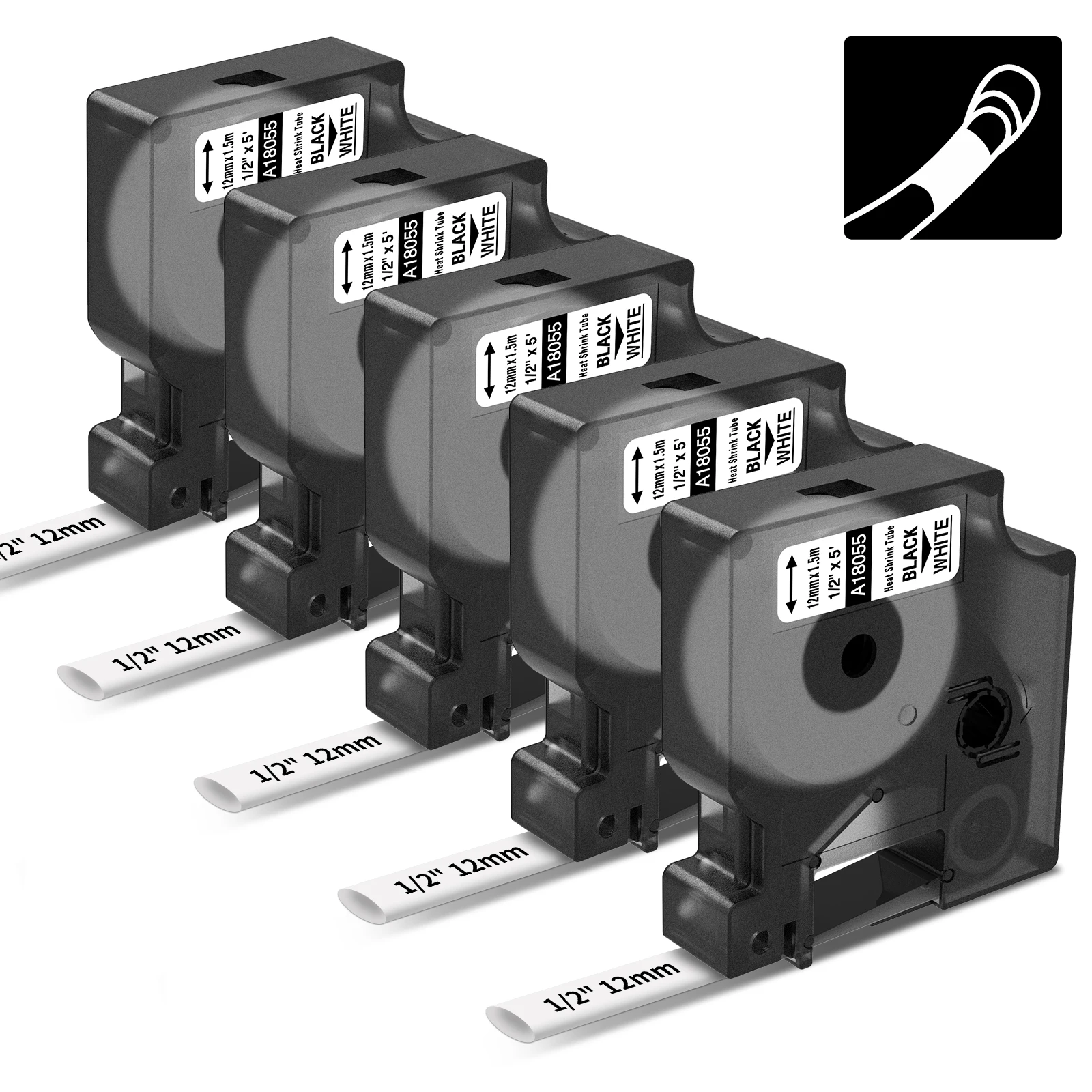 5Pk Rhino Heat Shrink Tube 18055 Black on White 12mm Compatible for Dymo Rhino Industrial Label Maker Label Tape for Rhino5200