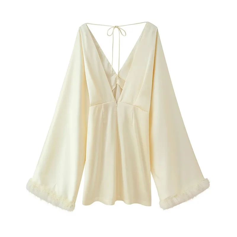 Nuevo vestido de mujer de manga larga con cuello en V y satén recortado con plumas