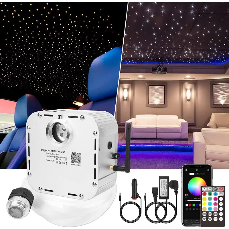 32w Twinkle 800pcs 0.03in 13.1ft Bluetooth RGBW LED Fiber Optic Star Ceiling Light,APP/Remote Music Mode Headliner Light