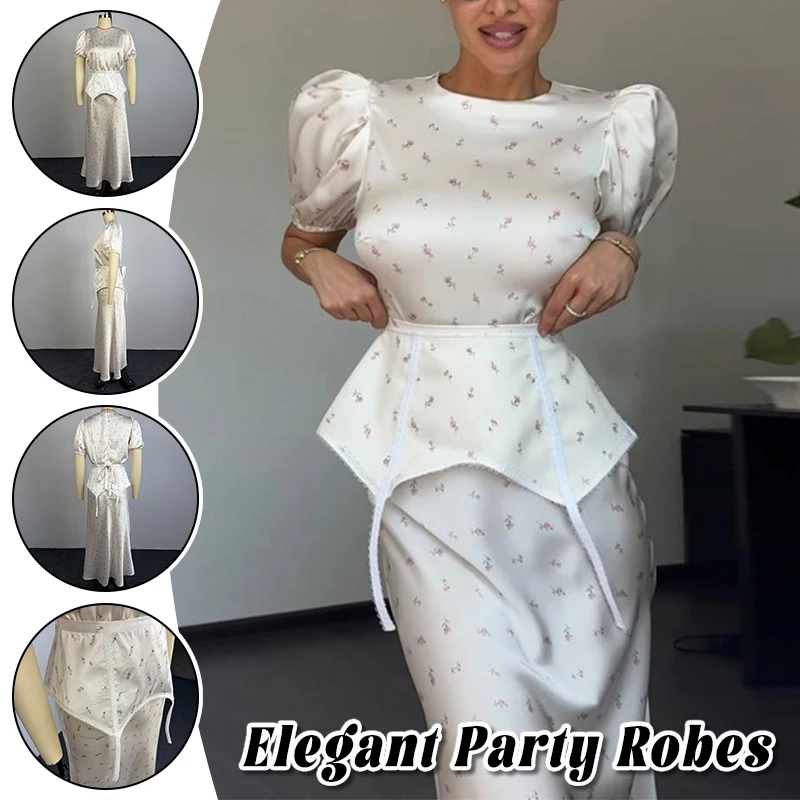Fashion Puff Short Sleeve O-neck Top Corset Waist Flare Midi Skirt Elegant Women Matching Set Date Party Summer Dress Suit