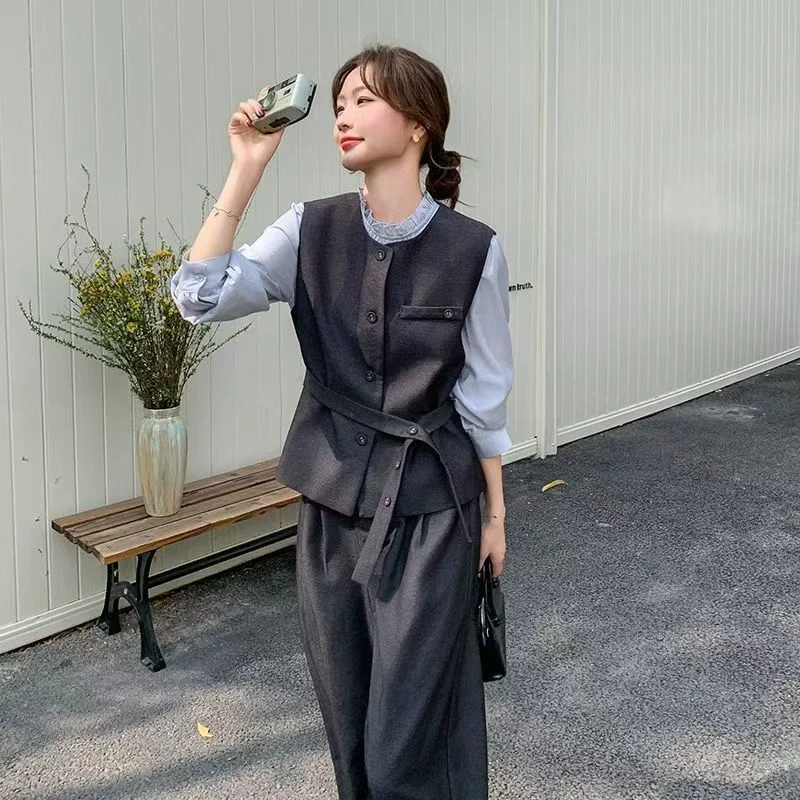 

Women's New Autumn Spliced Button Salt Fake Two-Piece Fashion Shirt Wide Leg Pants Suit