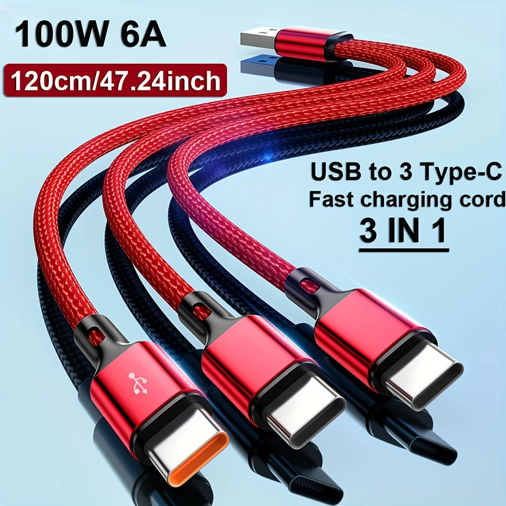 3 in1 USB to 3×Type - C Cable 100W 6A fast charge for Samsung S24 Xiaomi Huawei android phone usb c High-speed data transmission