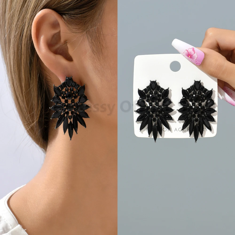 Black Crystal Petals Tassel Big Hanging Drop Earrings For Women Luxury Designer Geometric Vintage Pendants Elegant Party Jewelry