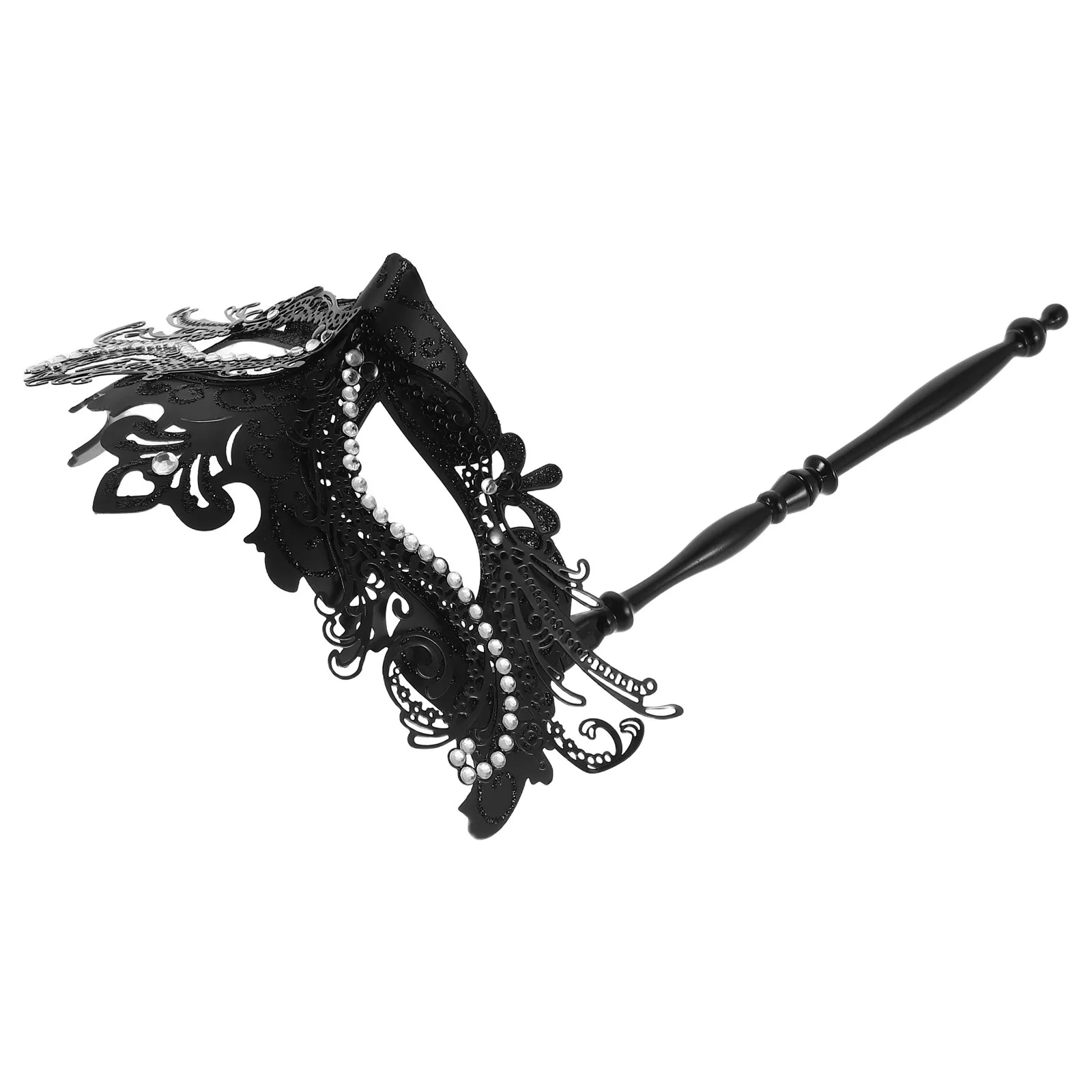 

Masquerade Mask Handheld Black Rhinestone Metallic Finish Detachable Stick Elegant Party Cosplay Costume Accessory