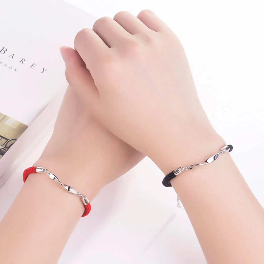 

2pcs 925 Silver Couple Bracelets For Women Men Wedding Red Black Gift Lovers Present Valentine'S Day Couple Gift