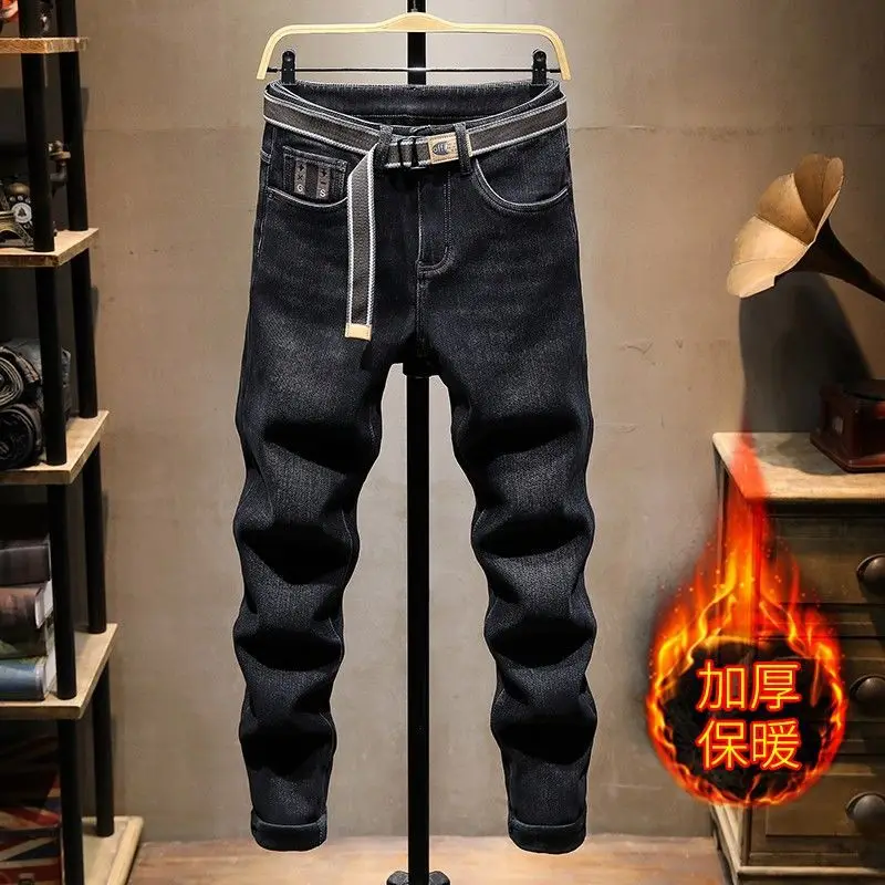 

Мужские зимние модные джинсы на флисовой подкладке, утолщенные тонкие прямые черные теплые брюки, высококачественные потертые мужские повседневные длинные брюки