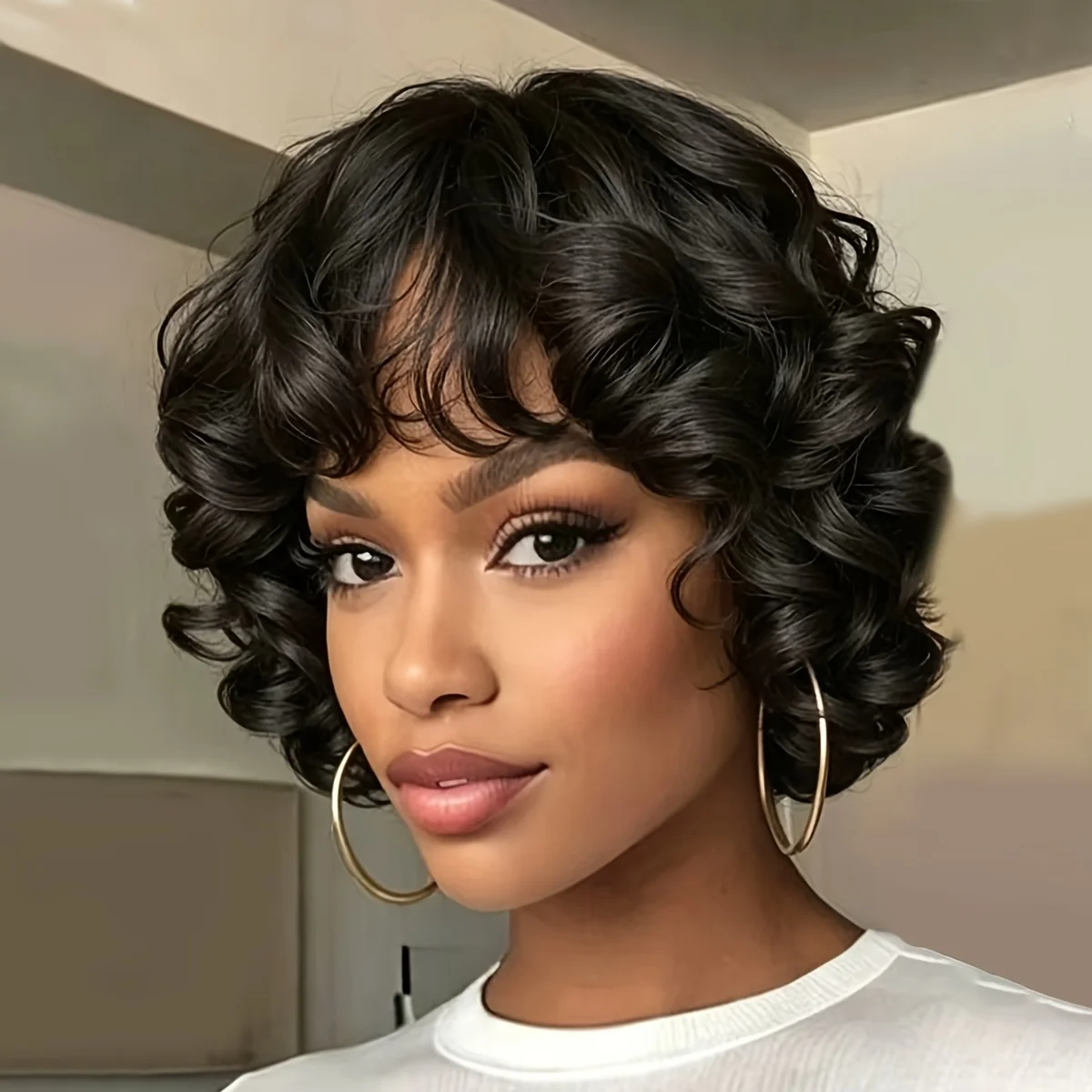 Short Bouncy Loose Curly Bob Wig with Bangs Natural Afro Egg Curly Wig Human Hair for Daily Wear, Cosplay & Dreadlock-Style Look