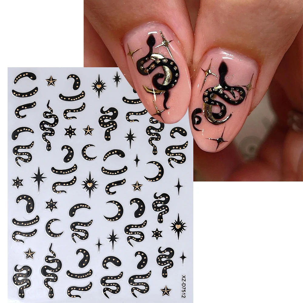 6/12 pièces Brongzing or noir serpent ongles autocollants 5D Sexy serpent imprimé français ongles décalcomanies 8*10 cm auto-adhésif serpent manucure bricolage