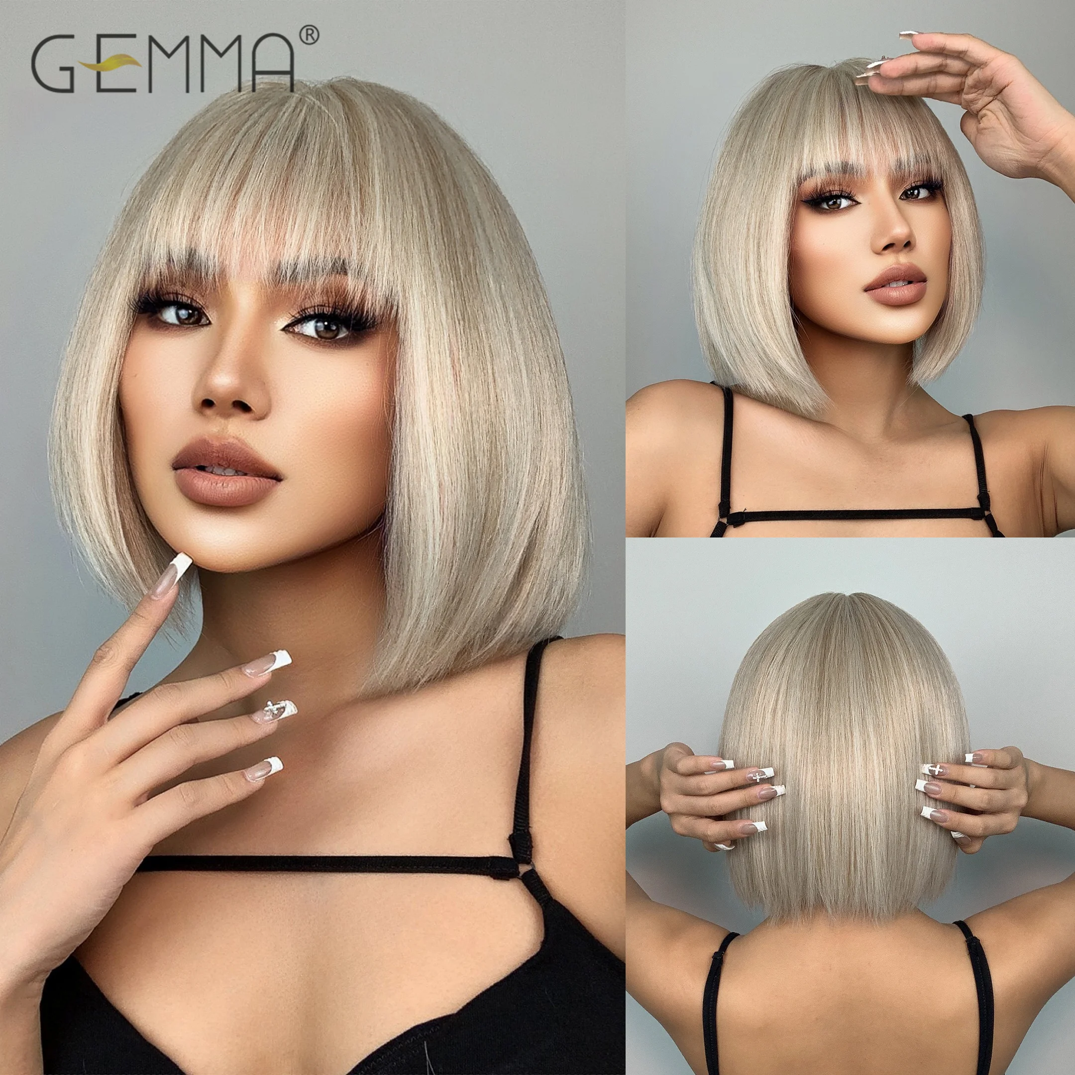 

Серебристый блондин Боб Короткий парик с челкой Синтетические прямые парики для чернокожих женщин Термостойкие натуральные волосы Косплей Ежедневный парик