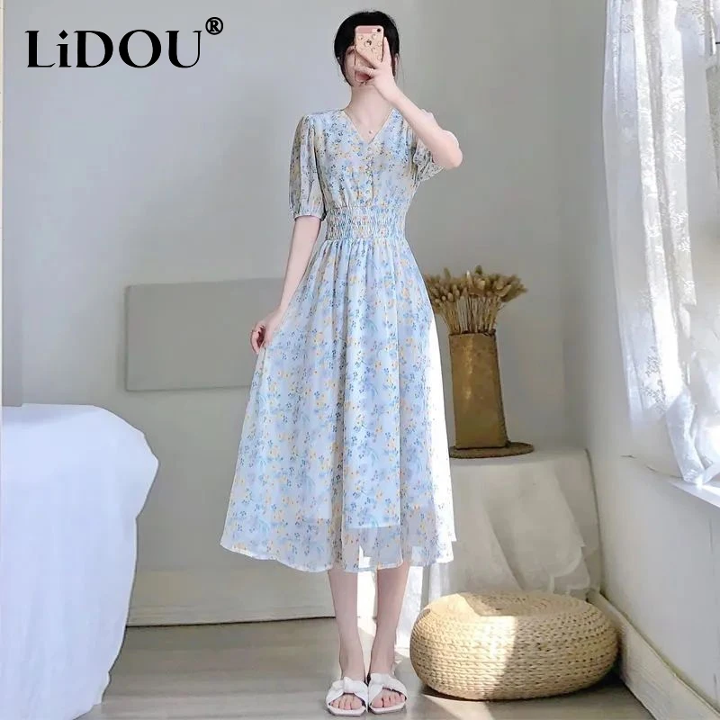 

2023 Korean Fashion Gentle Summer Dress for Women Elegant Fashion Aesthetic Grace Floral Chic Casual Vintage Office Lady Robe