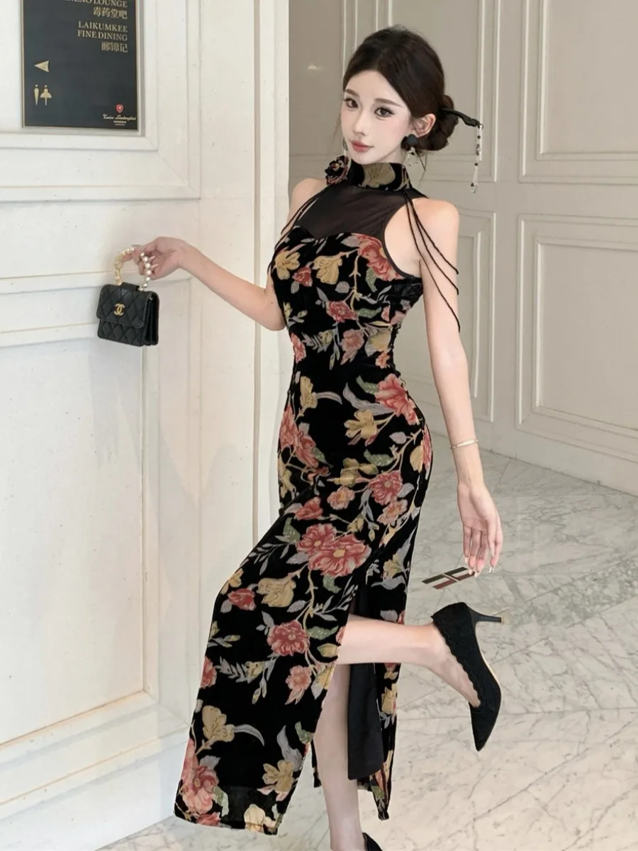 المرأة الصينية الأزهار شبكة طويلة شيونغسام الوقوف شير شرابة Bodycon الجانب الشق فستان ماكسي للإناث حفلة موسيقية المضيف فساتين أنيقة