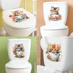 Cute Tea Cup Cat Flower Wall Sticker Toilet Decor bagno murale Room Background decorazione della casa decalcomanie autoadesive per armadietti