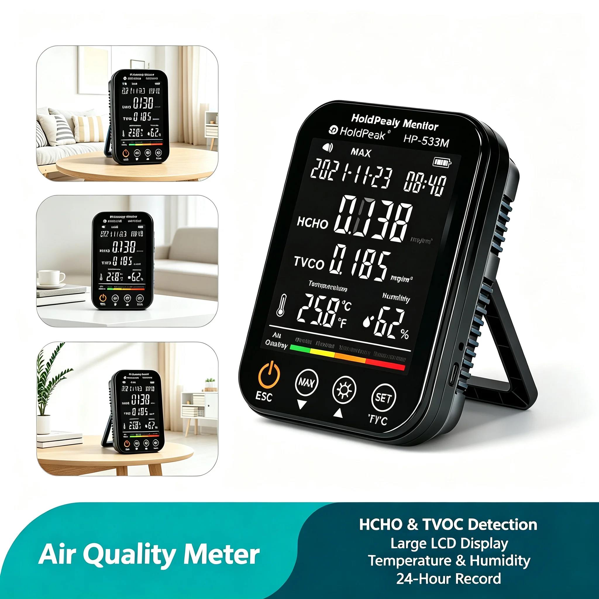 Indoor Air Quality Monitor HCHO TVOC Tester Gas Detector Temp Humidity Meter LCD Alarm 2000mAh for Home Office Lab Baby Room
