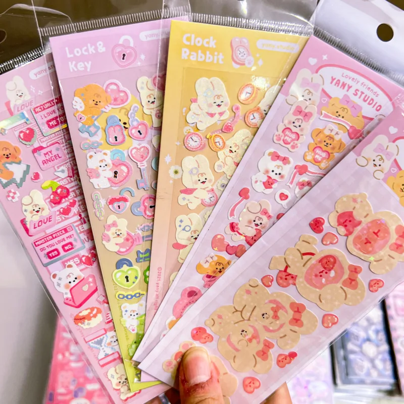 3/4/5 stuks volledige set ins kawaii cartoon kat konijn laser stickers deco notebook fotoalbum scrapbooking briefpapier sticker supplie