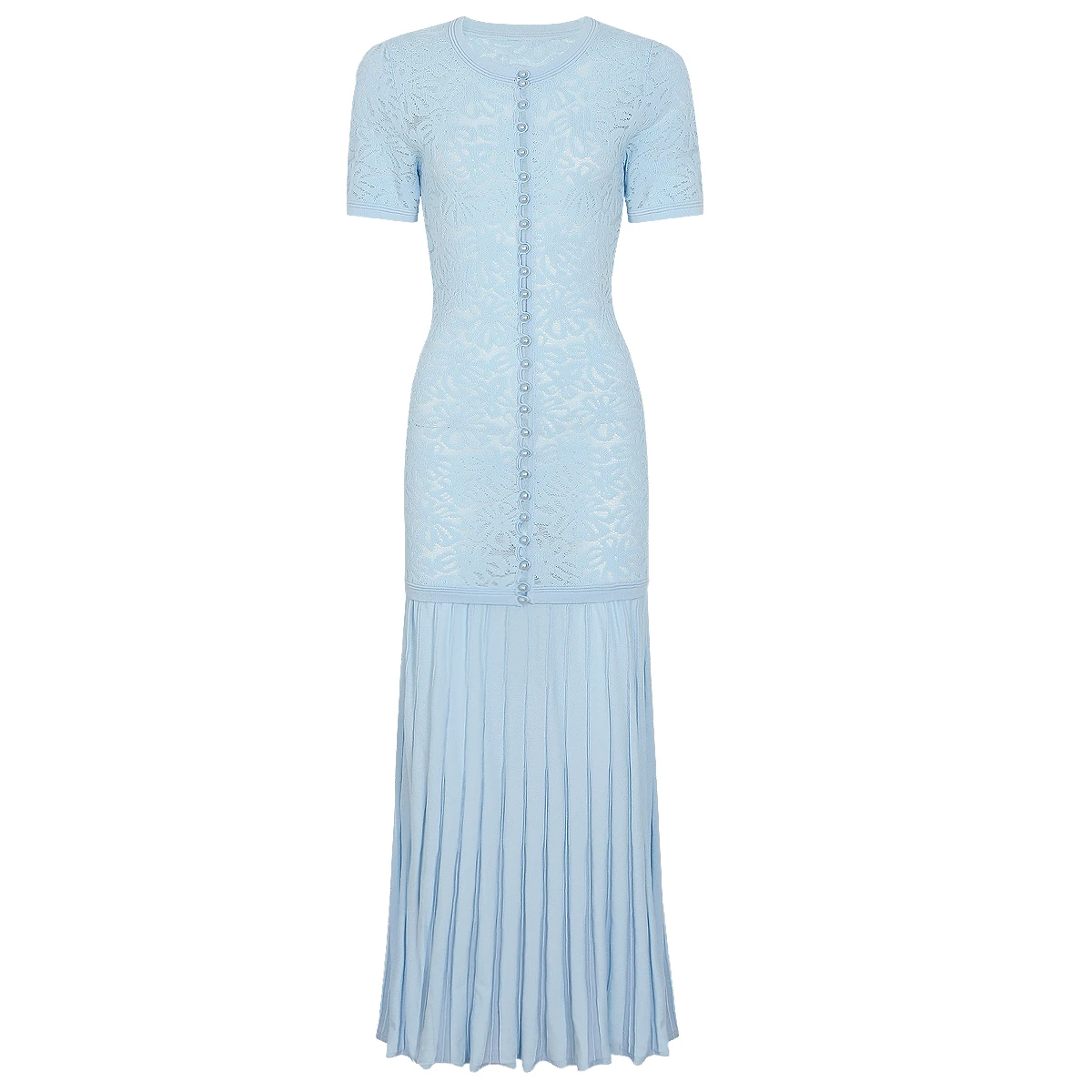 26132 Hochwertiges Frühlings- und Sommerkleid, neues modisches, durchbrochenes, besticktes Spitzenkleid mit kurzen Ärmeln, elastisches, gestricktes, langes Damenkleid