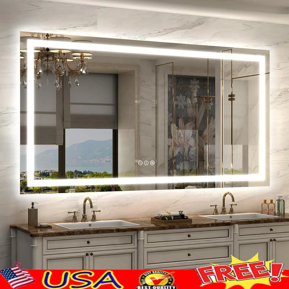 

66x36 Dimmable LED Lighted Bathroom Mirror Wall Mounted Anti-Fog Backlit Front Vanity Mirror ETL Listed Touch Control Safety