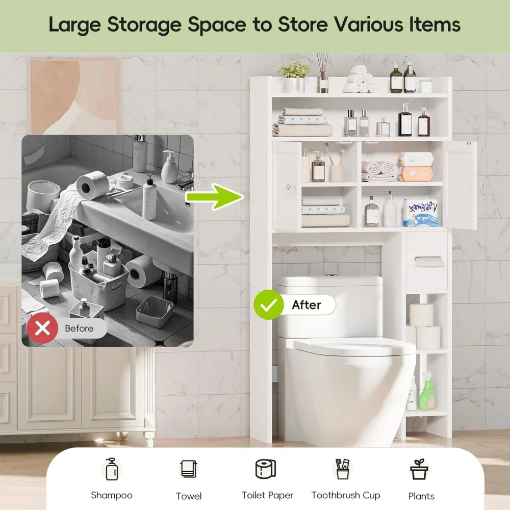 Over The Toilet Storage Cabinet with Doors,  Bathroom Storage Organizer with Side Shelves, Space-Saving Toilet Storage Rack