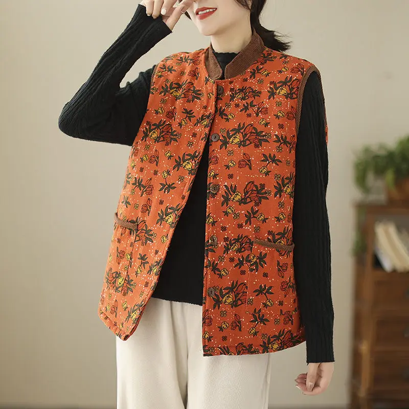 Autumn Winter Floral Vest Jacket Cotton And Linen Loose Large Size Retro Versatile Casual Quilted Top Sleeveless Waistcoat T1590