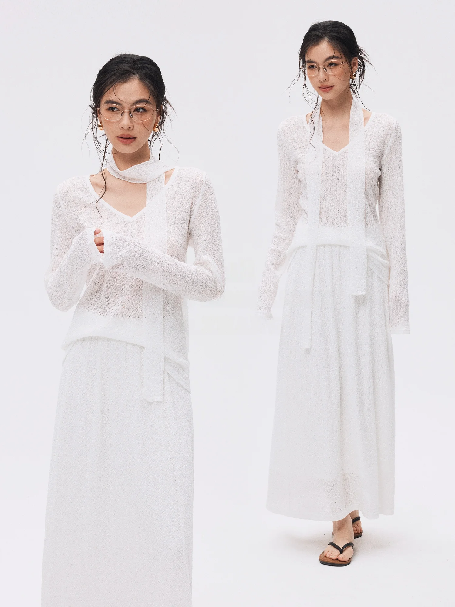 

Современный повседневный комплект с ажурной текстурой: топ с V-образным вырезом и длинными рукавами, юбка-миди. Модный женский ансамбль из легкого полиэстера со спандексом.