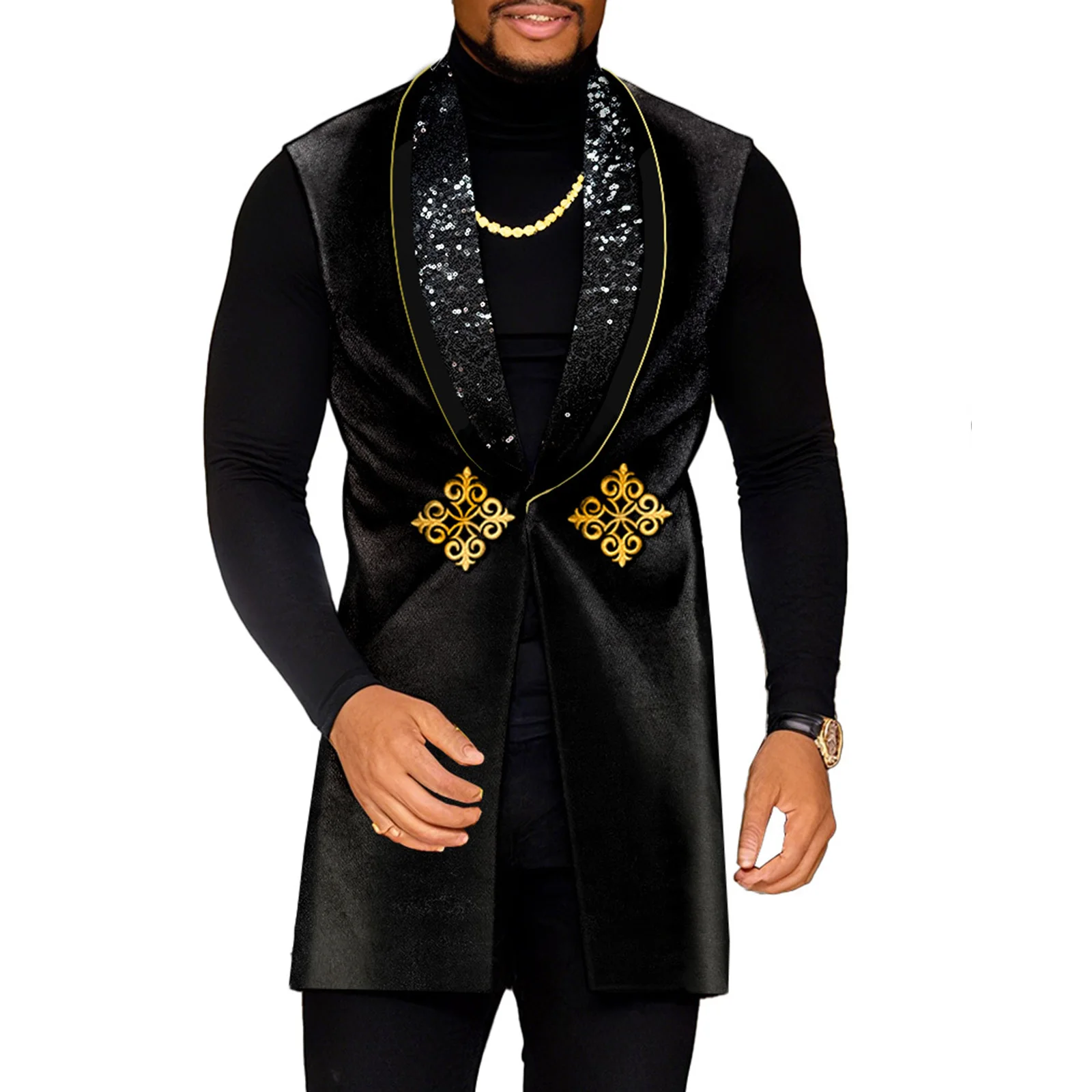 

SEA&ALP African Vest For Men Dashiki Jackets Velvet Splice Embroidery Sequin Traditional Coat Festive Wedding Clothing Attire