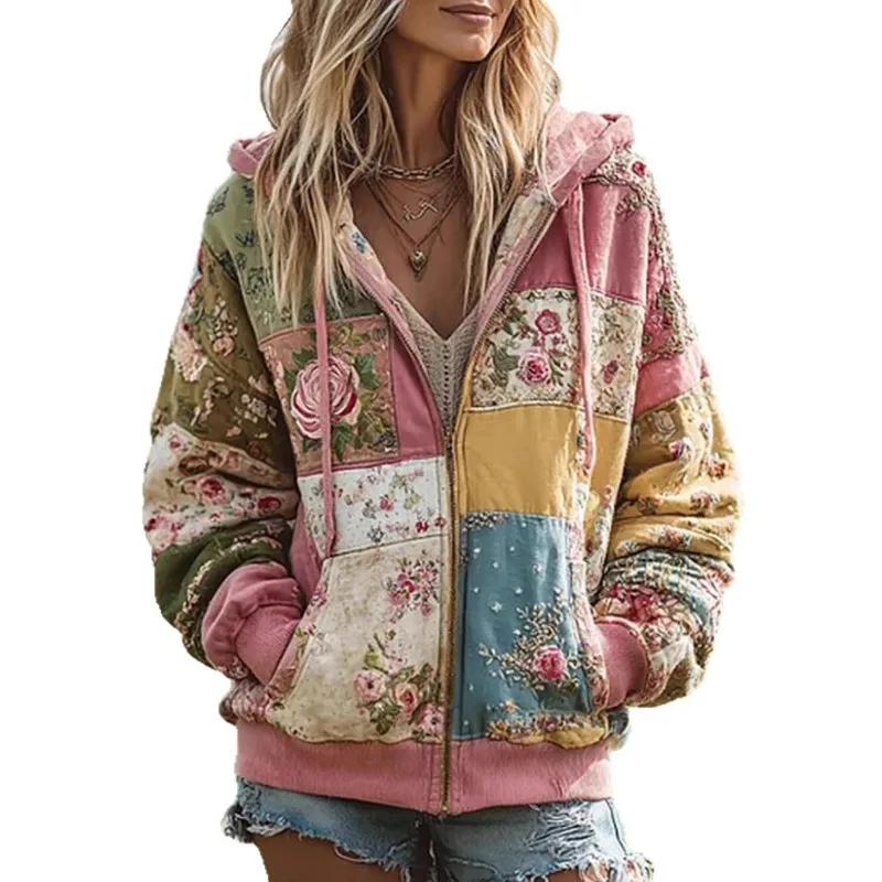 Flower Hoodie Top Women Autumn Spring French Y2K Hoodie Casual Floral Print Hoodie Loose Thin Polo Neck Coat Oversized Top New