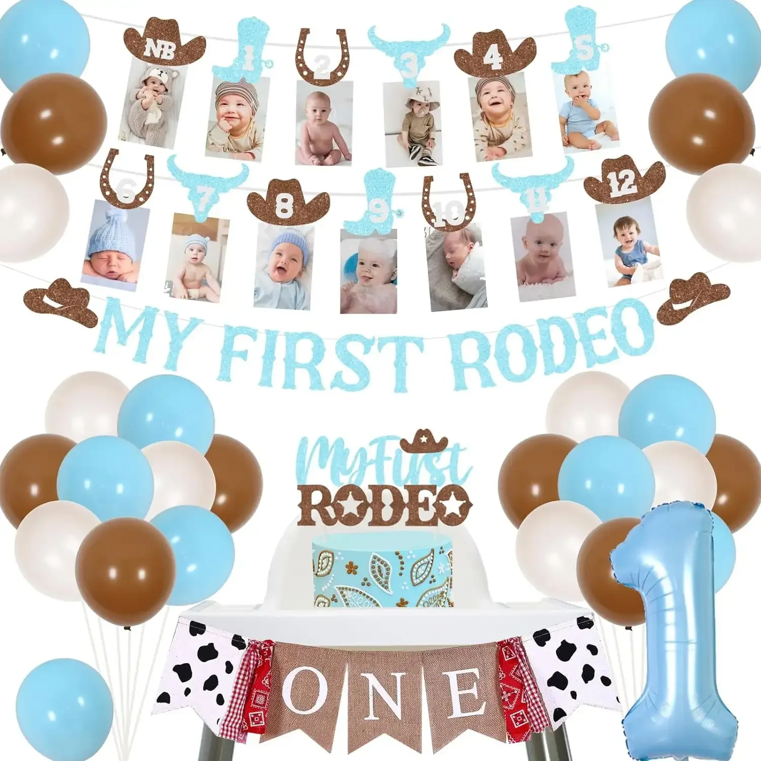 

FANGLELAND Cowboy 1st Birthday Decorations for Boys，My First Rodeo Banner Cake Topper High Chair Photo Banner Party Supplies