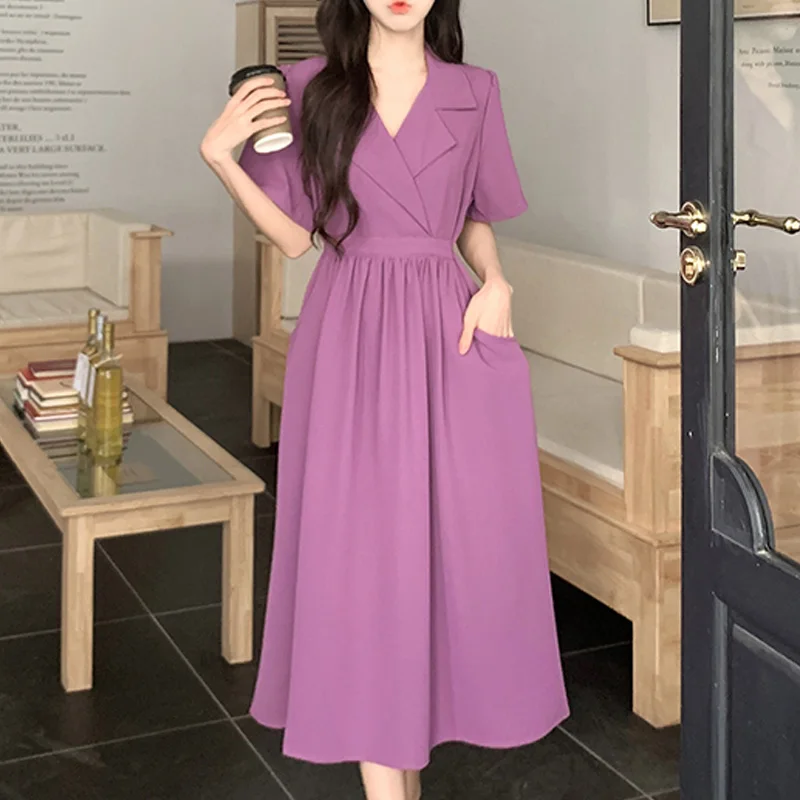 

French Style solid Dress for Women Short Sleeve Party Fashion notched Maxi es Vintage Summer purple pocket bodycon