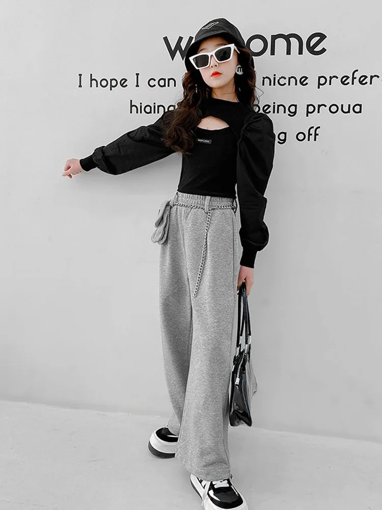 

Teenage Girls Clothing Sets New Fashion Spring Streetwear Hip Hop Top+Sweatpants With Chain for Girls 6 7 8 9 10 12 14 Year Old