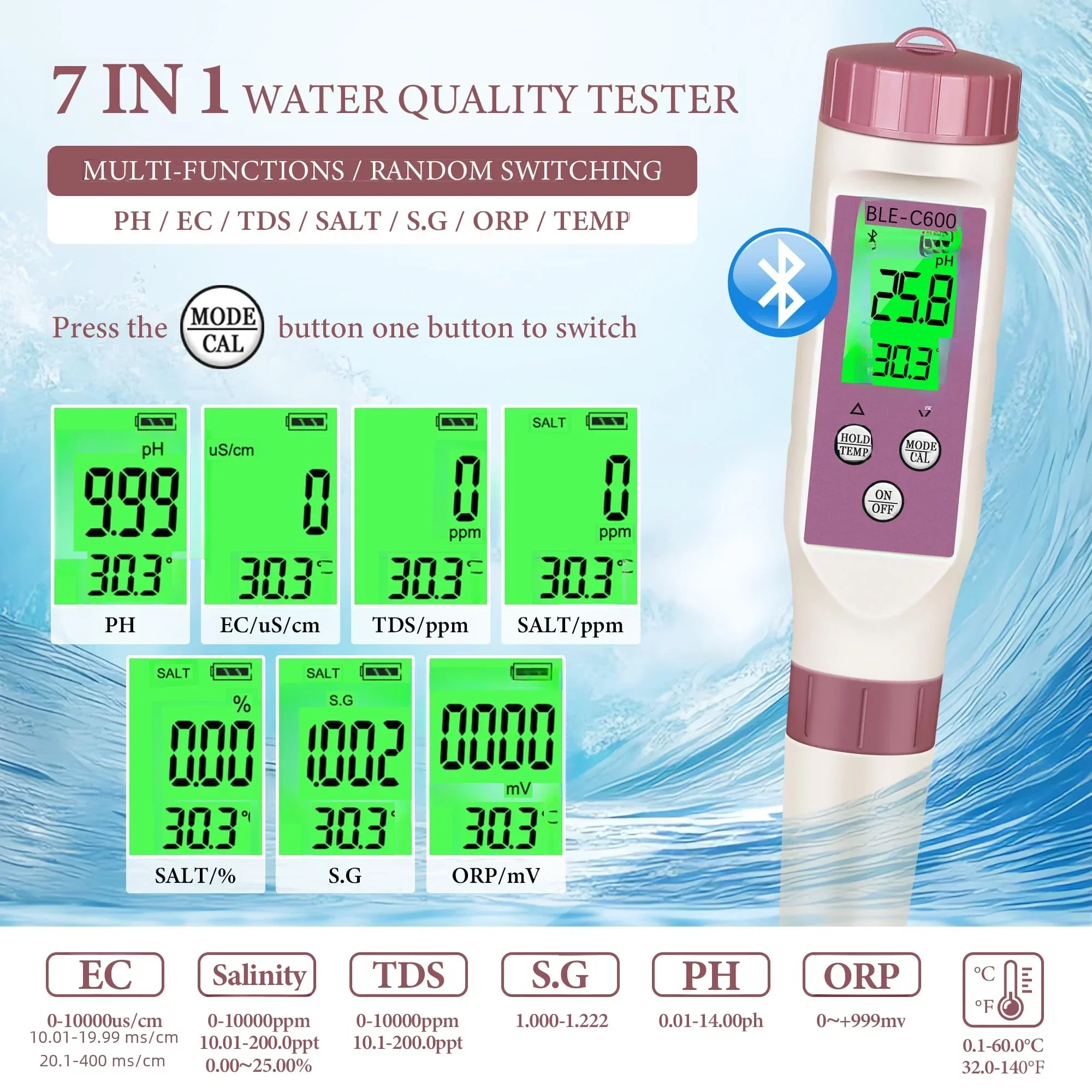 Bluetooth PH Meter Digital 7 in 1 PH/TDS/EC/ORP/S.G/Salinity/Temp High Accuracy Water Quality Tester for Drink Water,Hydroponics