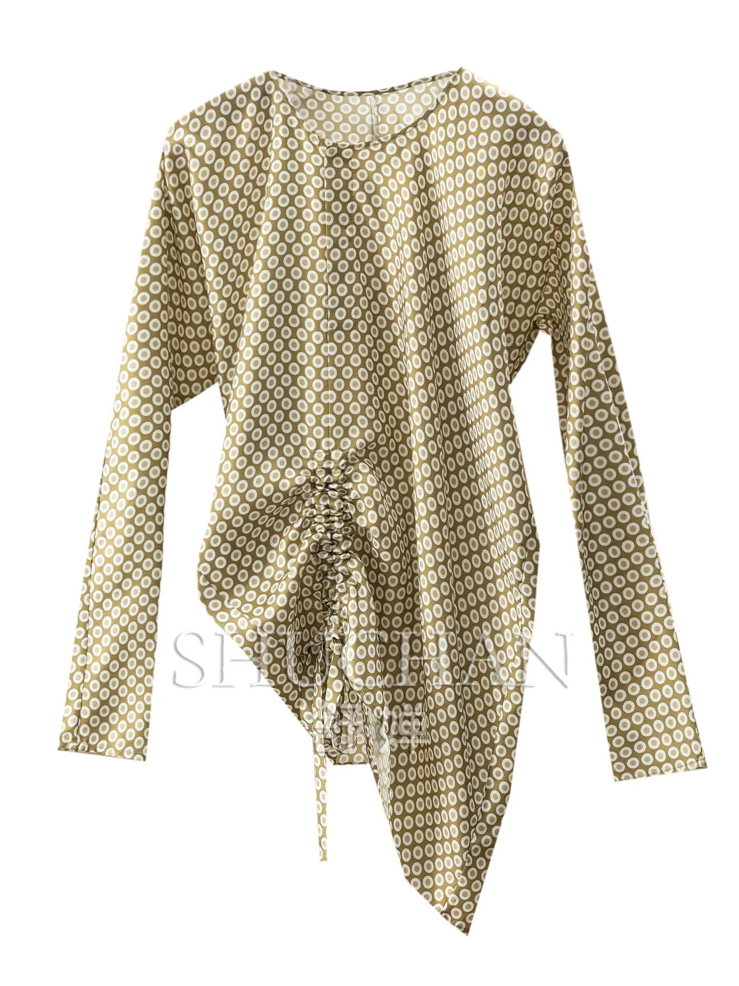 Shirt with Double Appearance Loose Polka Dot Drawstring, Even Cut Silk Twill Silk Shirt, Women's F089