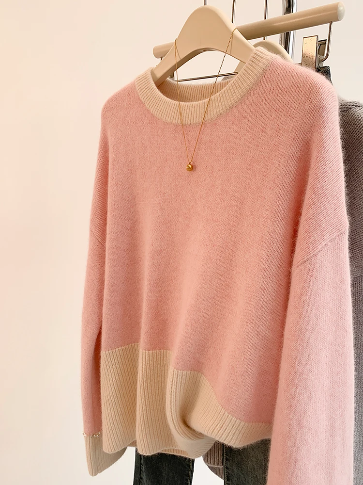 Pink Sweet Pullover Sweater Women Autumn Winter Design Sense Niche Lazy Style Loose Long Sleeve Knitted Tops