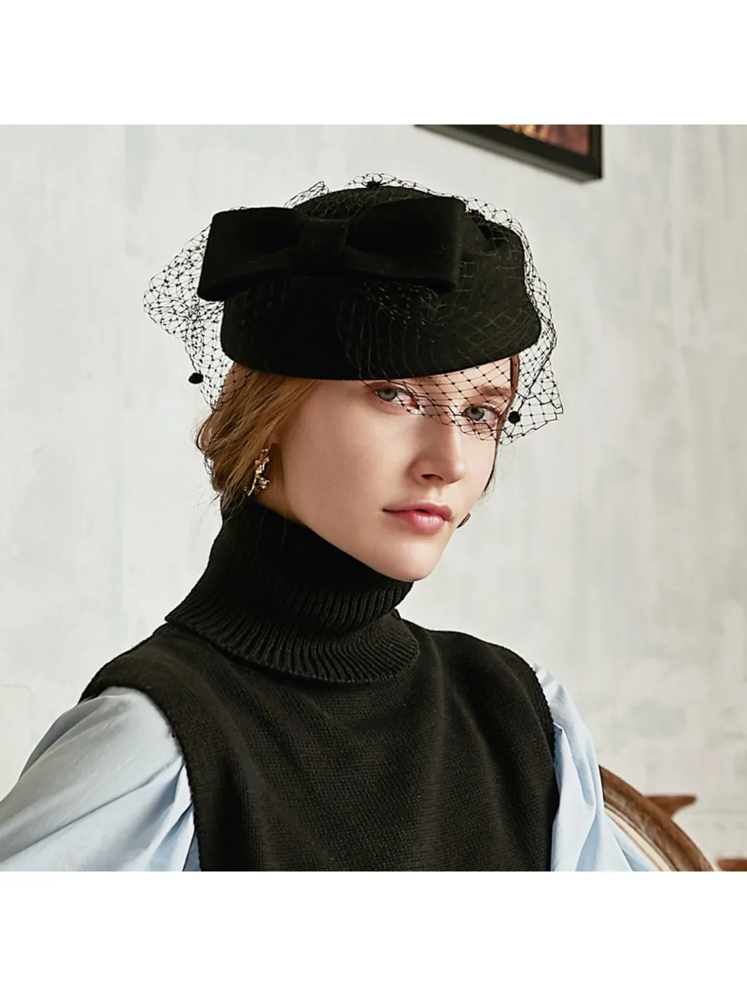 

High-end Elegant Fashionable Mesh Stewardess Business Attire Top Hat Classic Banquet Beret Women's Autumn/Winter Warm Wool Hat