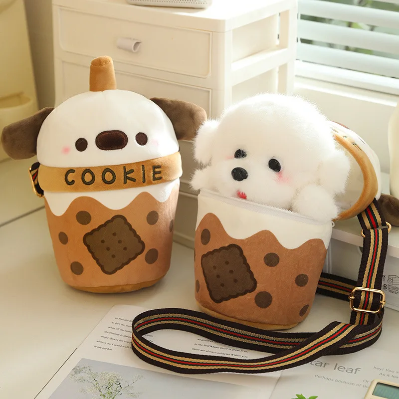 

Milk Tea Cup Cute Dog Doll Crossbody Shoulder Bag Doll Creative Simulation Pomeranian Plush Toy Girl Gift Claw Crane Toys