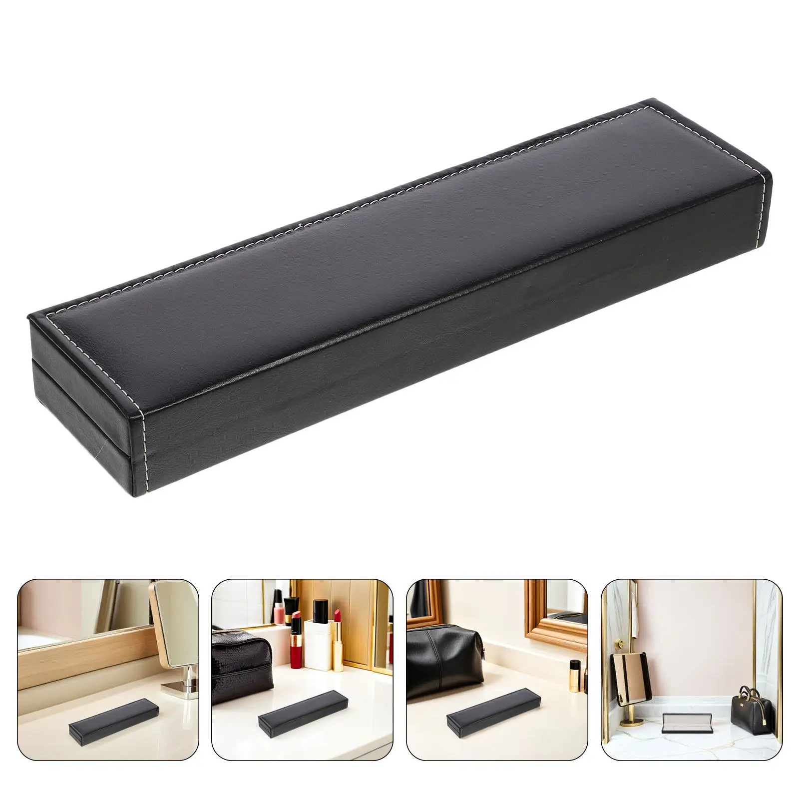 2Pcs Sleek Black Crystal Pattern PU Watch Case with Beige Lining Compact Single Slot Jewelry Storage Box for Travel Anniversary