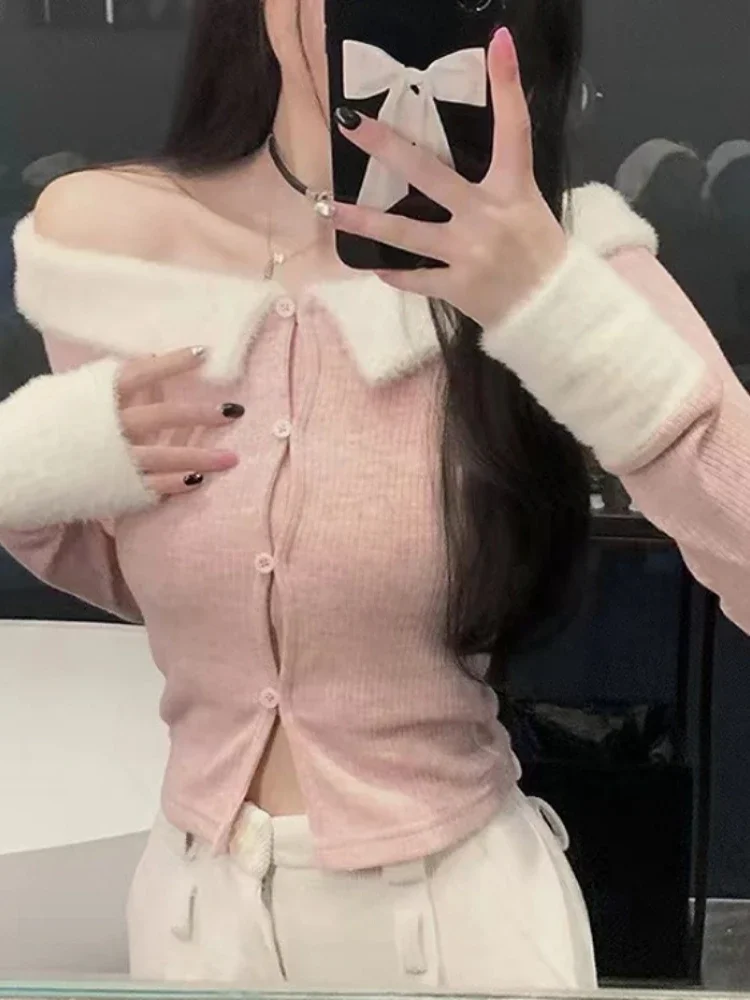 Sexy Off spalla Fluffy Patchwork Slash Neck Cardigan t-shirt donna Contast Color coreano Fashion Slim Cardigan Fairy Cropped