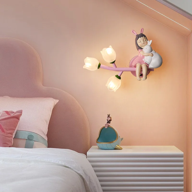 Girl Rabbit Wall Lamps Children\'s Room Wall Light for Bedroom Bedside Hallway Lighting G4 LED Flower Decorative Night Lamps