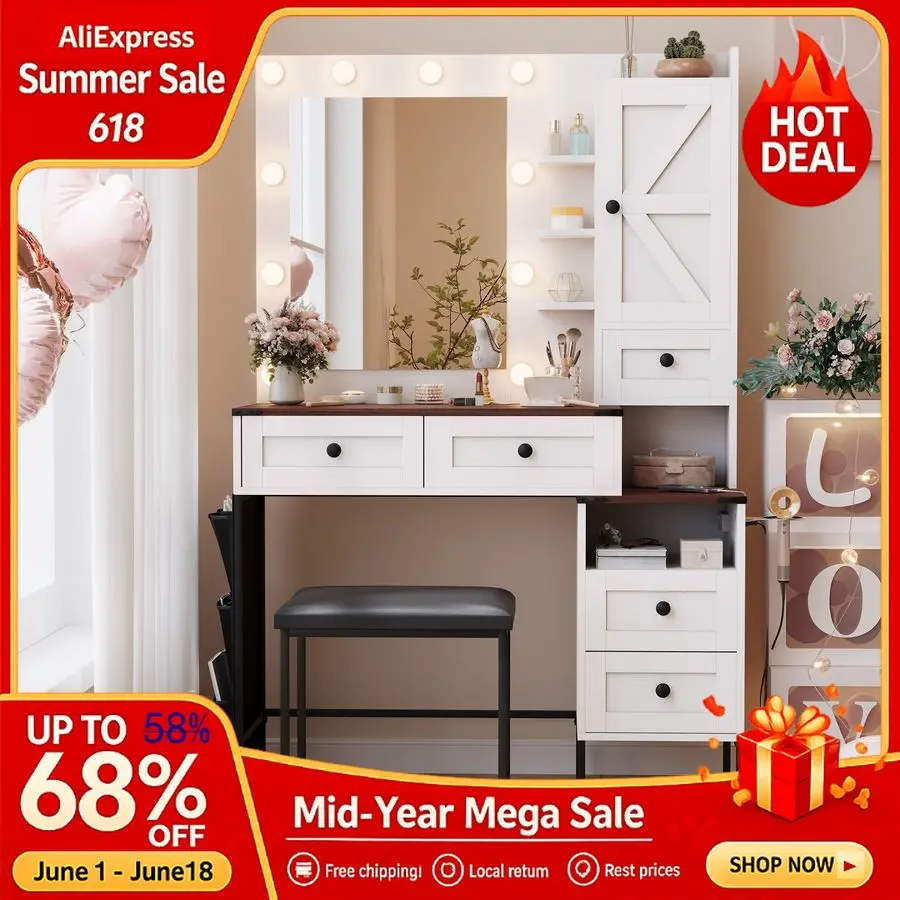 

Farmhouse Vanity Desk with Mirror, 39 W Makeup Vanity Set with with 3Colour Hollywood Brighter Bulbs and Comfortable, Custom